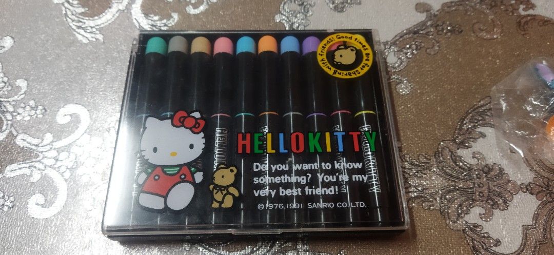 Vintage 1991 Hello Kitty Marker Set with Case (Category: Craft Supplies & Tools) located in Santa Cruz. Submitted by madonnaching (Listing ID 1469861167, Image 1). Description: - Authentic vintage Sanrio Kitty marker set (Dated 1976, 1991) - Comes in a sturdy black plastic case with a classic Kitty lid graphic - Includes 10 colorful markers featuring Kitty branding on each barrel - Perfect addition for Sanrio collectors and fans - Condition: Vint
