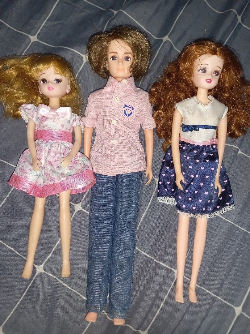 Vintage barbie doll (Category: Kids Toys) located in Santo Tomas. Submitted by kpl1992 (Listing ID 1469886387, Image 1). Description: Takara Tomy Licca Chan Dolls and Papa Doll - Set of 3 standard-sized fashion dolls - Includes 2 female dolls with stylish curly hair and lovely dresses - Includes 1 male doll wearing a trendy pink button-down shirt and blue trousers - Neatly styled hair on all figures - Complete with full outfits - Great for expand