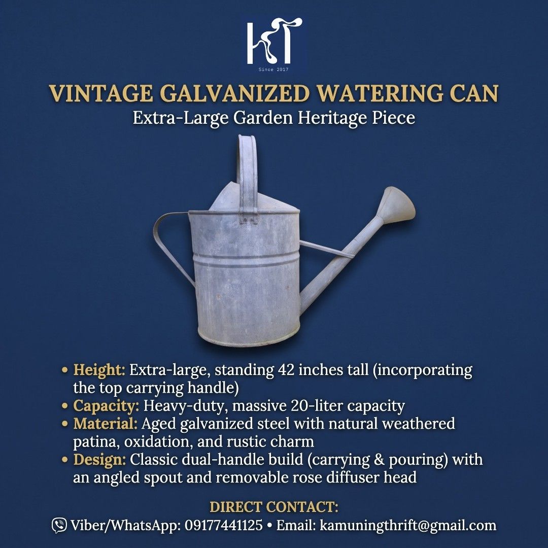 Vintage Galvanized Watering Can (Category: Vintage Collectibles) located in Makati City. Submitted by kt_exchange (Listing ID 1469783704, Image 1). Description: 🌱 Vintage Galvanized Watering Can – Extra-Large Garden Heritage Piece A striking and heavy-duty statement piece for rustic garden styling, landscaping, or heritage decor. This extra-large watering can features fantastic authentic character and a commanding presence. Key Details: Height: 
