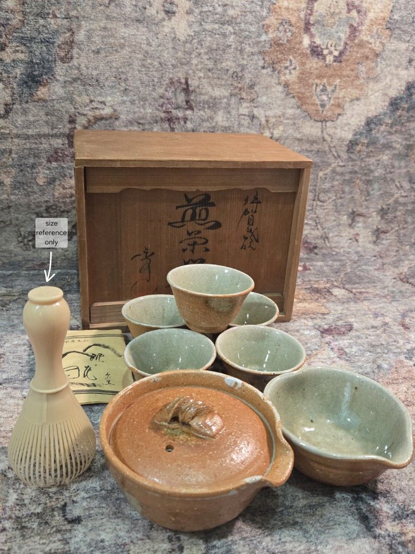 Vintage igayaki matcha / tea set (complete) (Category: Coffee & Tea Tableware) located in Manila. Submitted by cwknds (Listing ID 1469920598, Image 3). Description: a beautifully rustic seven-piece japanese tea set. featuring earthy terracotta tones, soft glazing, and naturally varied finishes that give each piece its own character. complete with five tea cups, two tea vessels, the original wooden presentation box, and leaflet. a lovely find for 