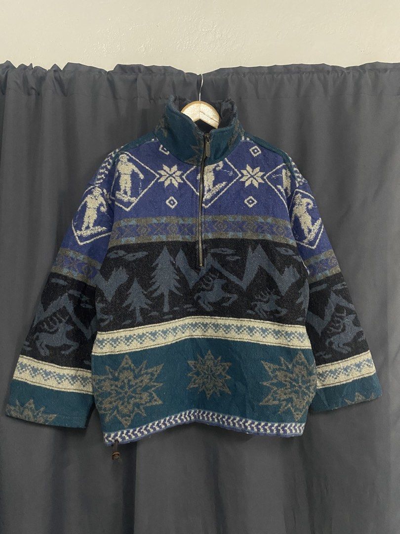 Vintage L.L. Bean Wool Blend Patterned Quarter Zip Fleece (Category: Coats, Jackets and Outerwear) located in Santa Maria. Submitted by saintarchive316 (Listing ID 1469944628, Image 1). Description: -Length: 27 -Width: 22 - Brand: L.L. Bean - Size: Men's Regular Small (Made in Portugal) - Material: Warm wool blend with smooth nylon lining - Design: Blue, black, and grey Nordic mountain landscape pattern with trees and snowflakes - Features: High 