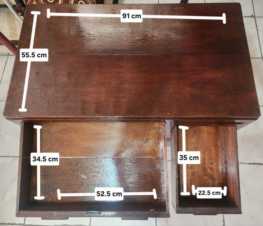 Vintage Solid Wood Desk (Red Narra / Mahogany) with Multiple Drawers (Category: Office Furniture & Fixtures) located in Manila. Submitted by grace_san48 (Listing ID 1469813928, Image 3). Description: - Type: Solid wooden desk with dark stain finish - Storage: 1 wide top drawer, 3 stacked right-side drawers - Dimensions: 91 cm (L) x 55.5 cm (W) x 77 cm (H) - Condition: Sturdy construction with traditional stepped feet; shows some surface scuffs an
