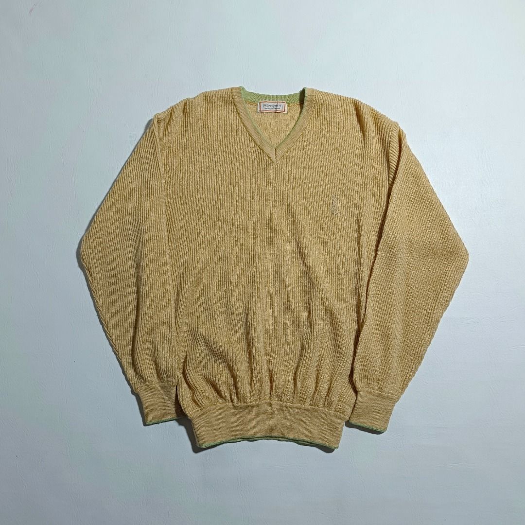 VINTAGE YSL KNITTED SWEATER🤎 (Category: Coats, Jackets and Outerwear) located in Baguio. Submitted by freshmarket_2600 (Listing ID 1469885070, Image 1). Description: Brand: YSL vneck knitted sweater Tags: Complete Size: Med Dimension: L26W21 Condition: Excellent Color rate: 10/10 Color: Brown Issue/s: None.