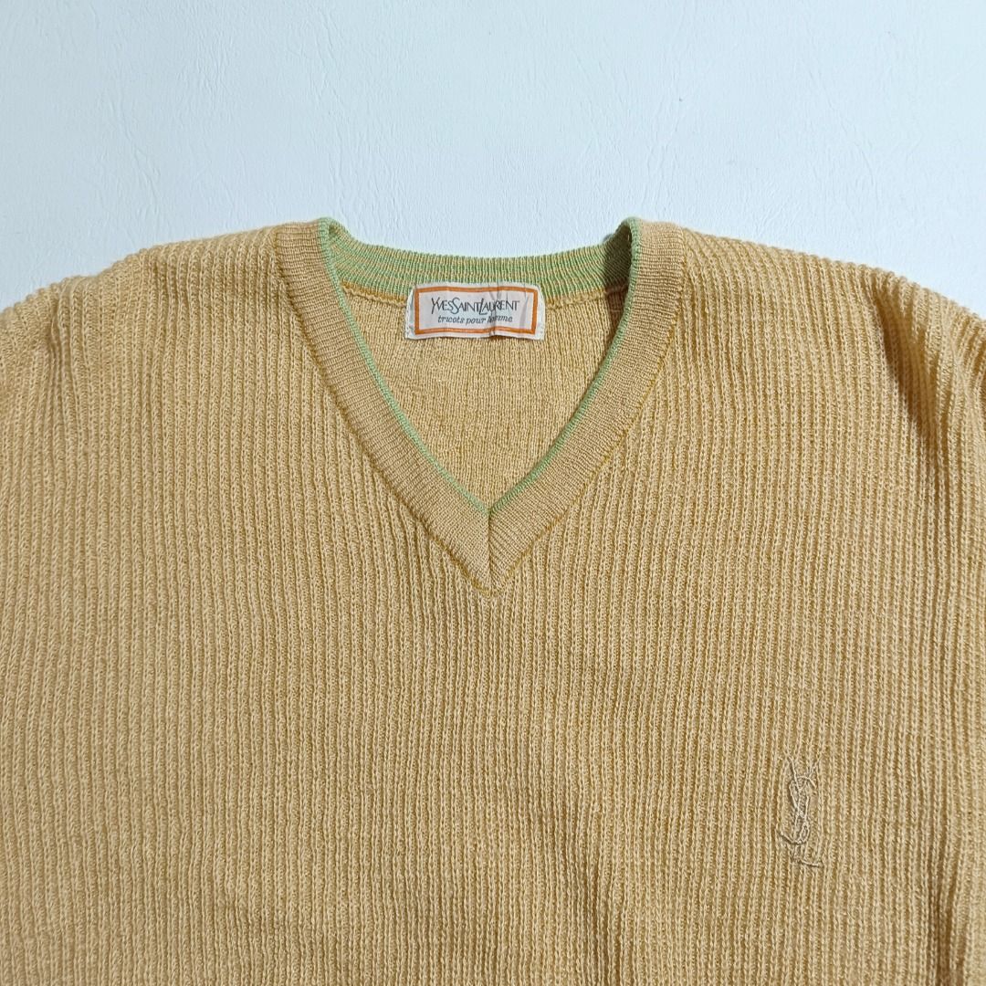 VINTAGE YSL KNITTED SWEATER🤎 (Category: Coats, Jackets and Outerwear) located in Baguio. Submitted by freshmarket_2600 (Listing ID 1469885070, Image 2). Description: Brand: YSL vneck knitted sweater Tags: Complete Size: Med Dimension: L26W21 Condition: Excellent Color rate: 10/10 Color: Brown Issue/s: None.