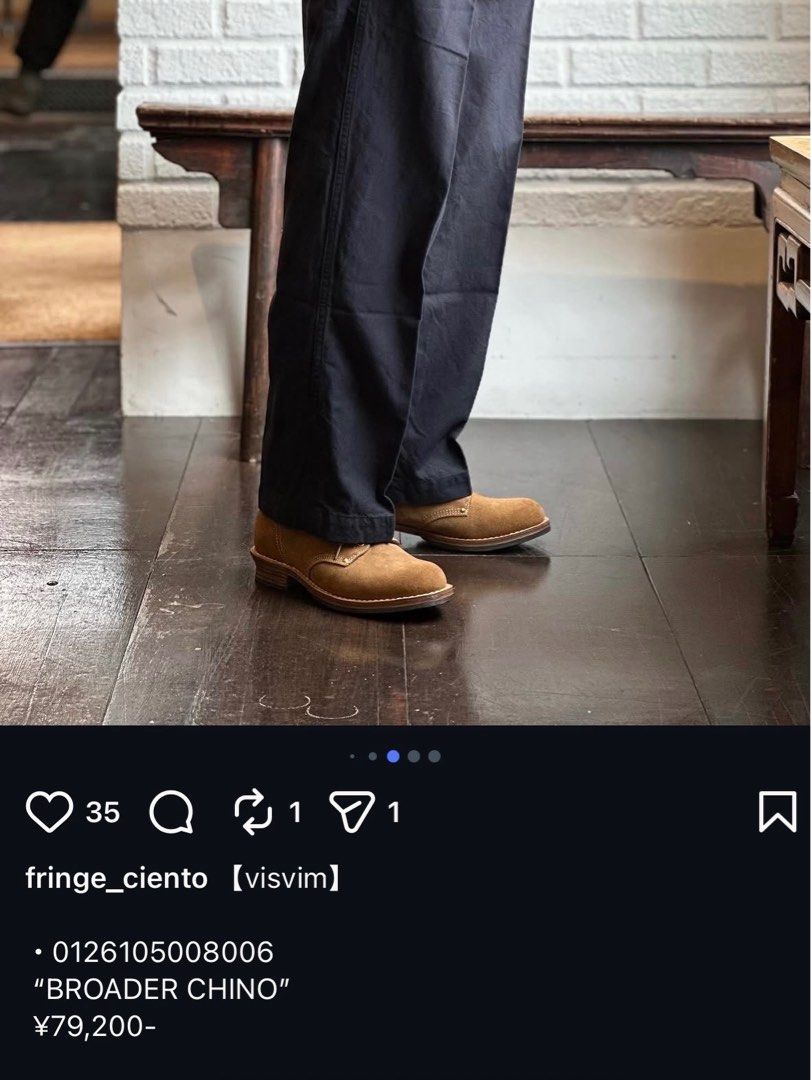 Visvim Broader Chino black (Category: Chinos) located in Manila. Submitted by store6020 (Listing ID 1469920834, Image 2). Description: Visvim Broader Chino pants New wide straight chinos made from original super long cotton fabric. The silhouette with a relaxed fitting feels like visvim, but the ease of wearing it is one of its charms. A seasonal outfit, including a single wash processing feel. visvim is a Japanese luxury menswear brand founded i