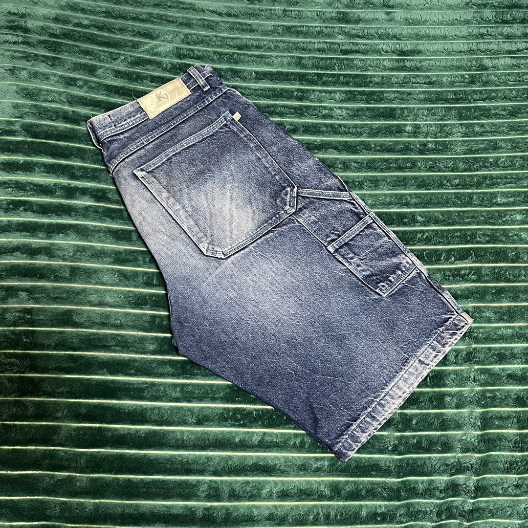 VTG Y2K CARPENTER JORTS (Category: Shorts) located in Manila. Submitted by thriftkolngeh (Listing ID 1469935033, Image 1). Description: - Brand: Kilon KJ Jeans Platinum Plus - Style: Denim shorts with classic acid wash finish - Features: Utility carpenter pockets and side hammer loop - Closure: Button fly - Details: Branded waistband patch and sturdy contrast stitching - Condition: Excellent, ready to wear pm sa ibang dets tinamad nko palitan eh.