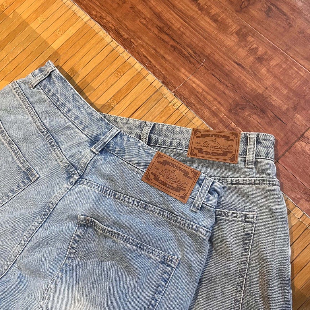 Waikiki By YK Studios Star Patch Denim Set (Category: Sets or Coordinates) located in Manila. Submitted by chawmichael (Listing ID 1469772924, Image 2). Description: Waikiki denim bundle from YK Studios. Includes one pair of long wide-leg jeans and one pair of jorts. Both light wash with contrast black and white star patches down the outer seams. Leather brand patch on the back waist. Heavyweight cotton denim, relaxed fit..