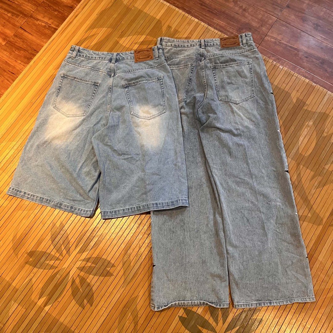 Waikiki By YK Studios Star Patch Denim Set (Category: Sets or Coordinates) located in Manila. Submitted by chawmichael (Listing ID 1469772924, Image 3). Description: Waikiki denim bundle from YK Studios. Includes one pair of long wide-leg jeans and one pair of jorts. Both light wash with contrast black and white star patches down the outer seams. Leather brand patch on the back waist. Heavyweight cotton denim, relaxed fit..