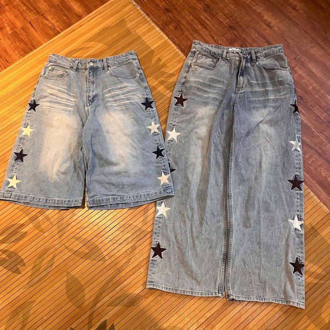 Waikiki By YK Studios Star Patch Denim Set (Category: Sets or Coordinates) located in Manila. Submitted by chawmichael (Listing ID 1469772924, Image 1). Description: Waikiki denim bundle from YK Studios. Includes one pair of long wide-leg jeans and one pair of jorts. Both light wash with contrast black and white star patches down the outer seams. Leather brand patch on the back waist. Heavyweight cotton denim, relaxed fit..