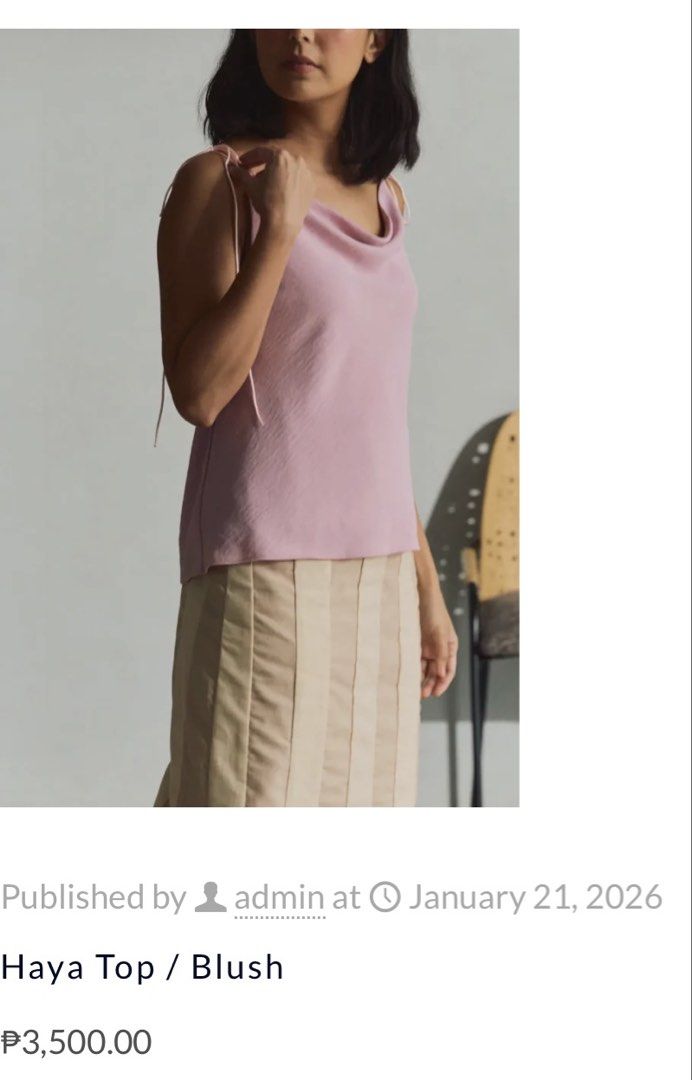 Wear Anika Haya Top (Blush) (Category: Sleeveless) located in Manila. Submitted by rislzr (Listing ID 1469846762, Image 2). Description: Wear Anika Haya Top in Blush (size M) - Brand nee, never used - Cowl neckline, sleeveless silhouette, relaxed drape, and straight hem - Delicate halter straps that tie at the shoulders.