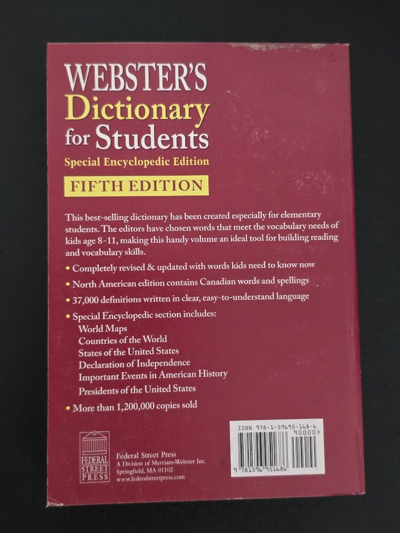 Webster's Dictionary for Students (Category: Textbooks) located in Dasmarinas. Submitted by curatedreadsbykat (Listing ID 1469774591, Image 3). Description: ✨ Secondhand ✨ This is a preloved copy so kindly manage your expectations. May have flaws like dents, tanning, foxing, writings, etc. ✨ Kindly swipe left on the picture section of the listing to see the condition of the book..