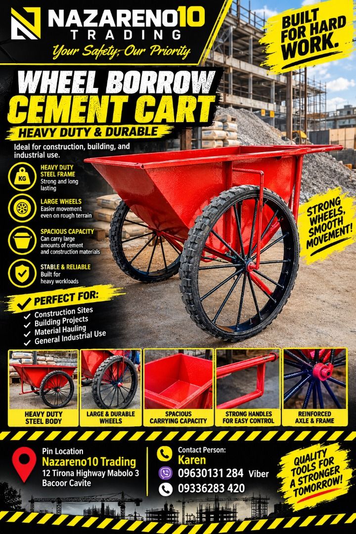 Wheel Barrow (Category: Looking For) located in Bacoor. Submitted by kajezame.2021 (Listing ID 1469821602, Image 1). Description: Wheel Barrow For More Details and Discount Contact Ms. Karen NAZARENO 10 TRADING 0963 0131 284 0933 6283 420 0956 7028 557 0933 8559 510 Landline: Look for Ms. Karen (046 ) 416 3920 Also available: • Traffic cone • Parking Block stopper • Hooded trash bin • Road Plastic Barrier • Spill boom • Fishing buoy • Spill Kit •