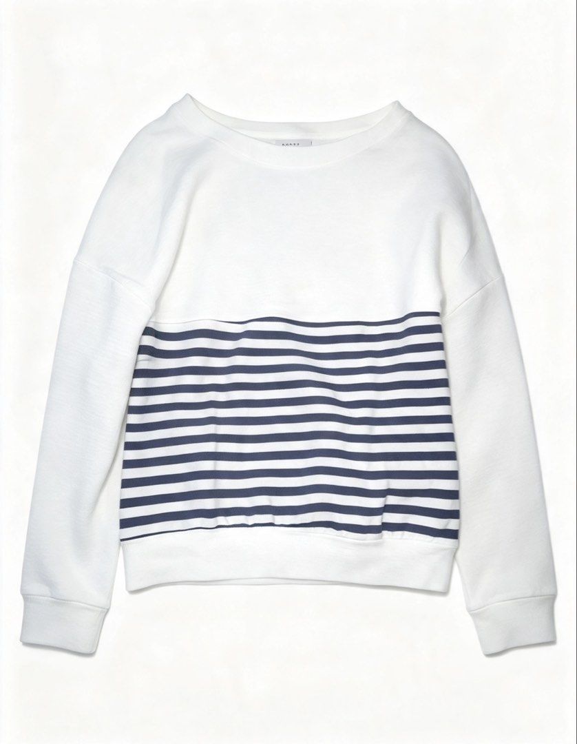 White and Navy Striped Long Sleeve Sweatshirt (Category: Longsleeves) located in Manila. Submitted by ace_0822 (Listing ID 1469897597, Image 1). Description: - Style: White long-sleeve sweatshirt with a bold navy stripe across the midsection - Fit: Relaxed drop-shoulder fit for ultimate comfort - Material: Soft and breathable cotton blend - Details: Classic ribbed crew neckline, cuffs, and hem - Condition: Brand new / Excellent quality - Perfect 