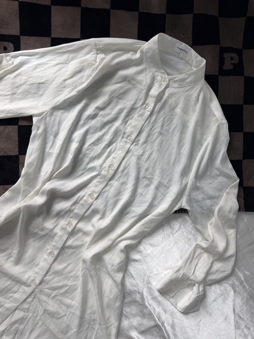white button-down long-sleeve polo dress (SUMMERSALT) (Category: Longsleeves) located in Bulacan. Submitted by byppishh__ (Listing ID 1469838501, Image 2). Description: Size: Medium Width: 21” Length: 36” Sleeve: 23.5” Like new, in excellent condition Hq fabric! and smooth sa skinn US SOURCED 🔖350 ONLY.