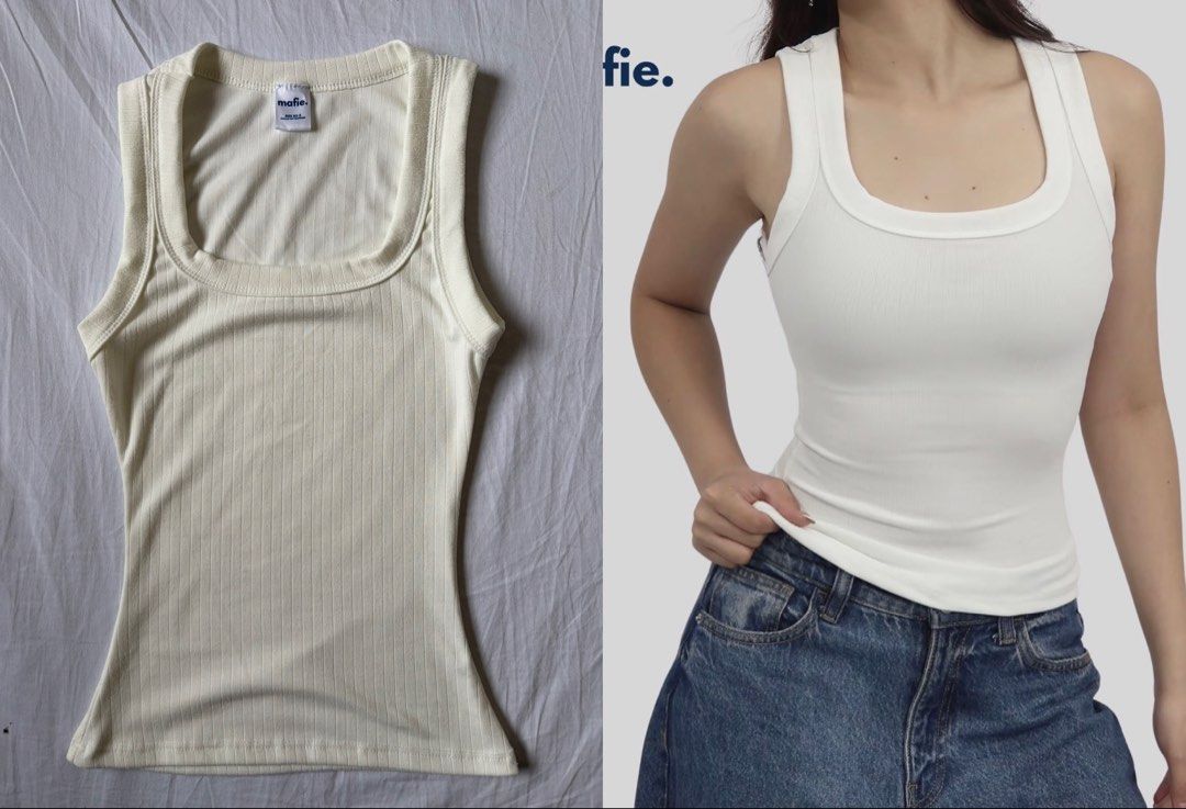 White Ribbed Square Neck Tank Top (Category: Sleeveless) located in Quezon City. Submitted by vidadmarie (Listing ID 1469825627, Image 1). Description: - Brand/Style: Mafie ribbed tank top - Color: Off-white - Size: XS-S (Tag) - Fit & Details: Snug fit, square neckline, thick straps - Never worn.