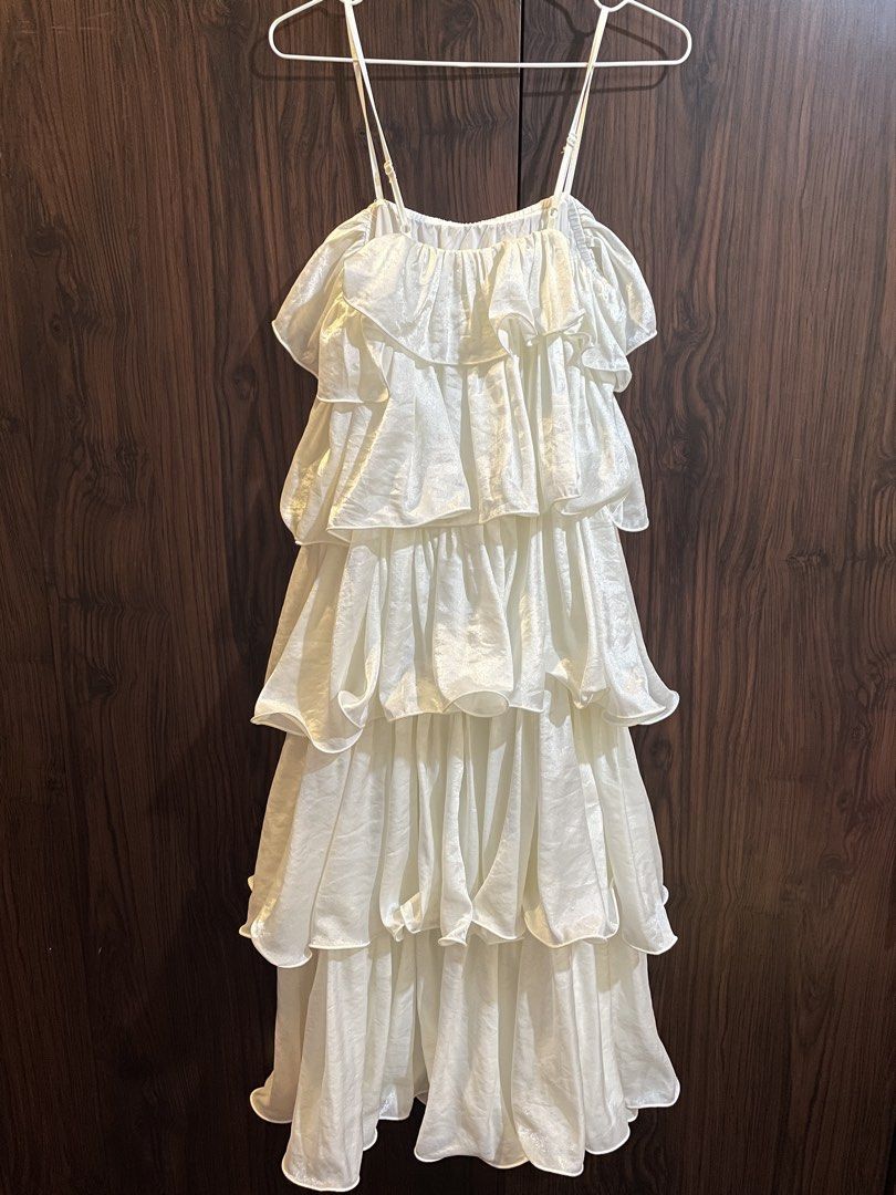 white tiered ruffle spaghetti strap dress (Category: Dresses) located in Manila. Submitted by happymoon_0ae0c8 (Listing ID 1469890708, Image 2). Description: - xs to s - shiny fabric - adjustable straps - flowy - negotiable.