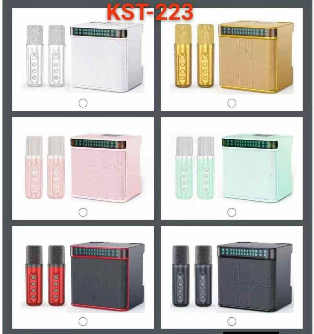 Wireless Karaoke Speaker with 2 Mics Model KST-235 (Category: Soundbars, Speakers & Amplifiers) located in Muntinlupa City. Submitted by thriftsmuntinlupa26 (Listing ID 1469911806, Image 2). Description: - Portable wireless karaoke speaker setup with 2 microphones - Features a compact box design with built-in lights on the sides - Available in 6 vibrant colors: black, white, yellow, red, green, and pink - Perfect portable setup for singing anywhe