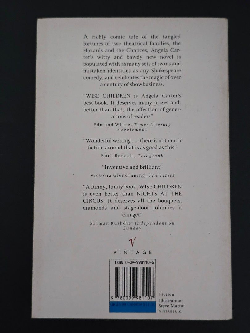 Wise Children by Angela Carter (Category: Storybooks) located in Dasmarinas. Submitted by curatedreadsbykat (Listing ID 1469774464, Image 3). Description: ✨ Secondhand ✨ This is a preloved copy so kindly manage your expectations. May have flaws like dents, tanning, foxing, writings, etc. ✨ Kindly swipe left on the picture section of the listing to see the condition of the book..