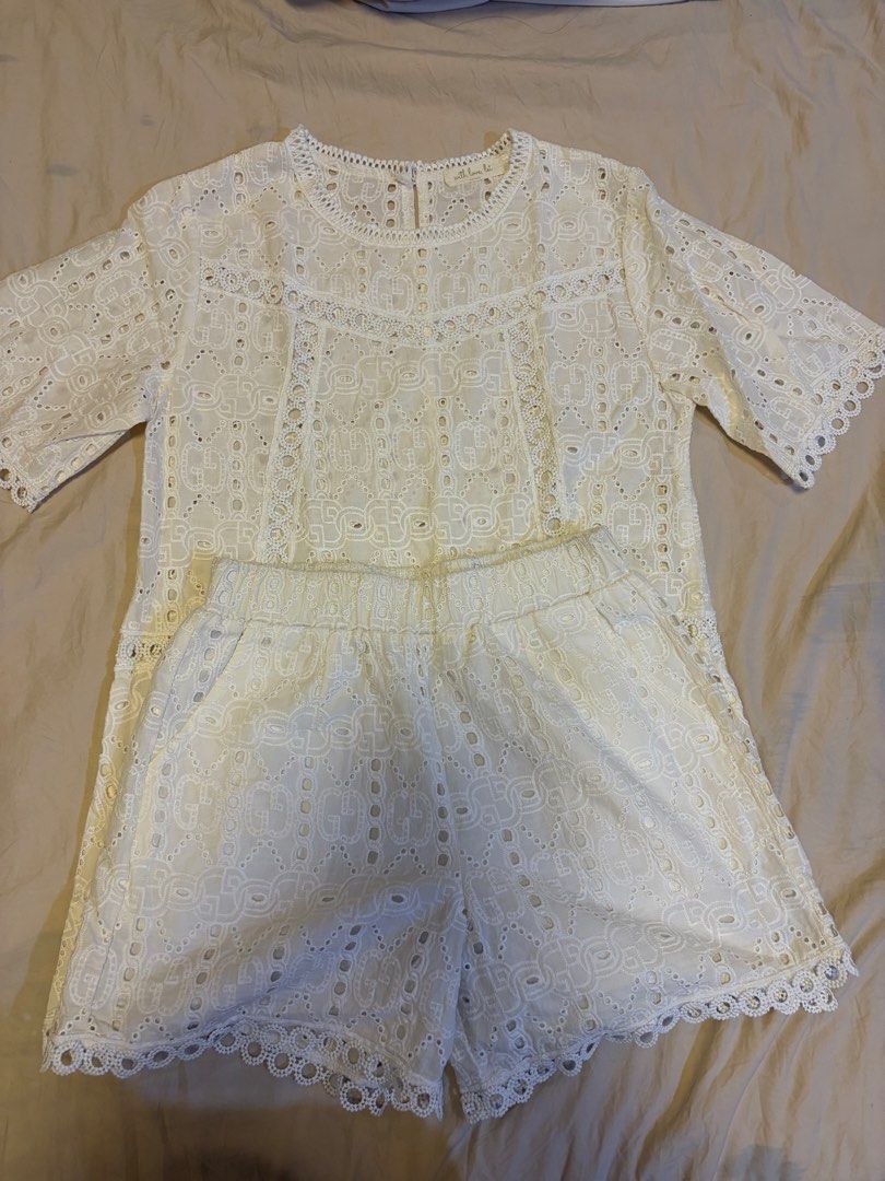 With Love Lei Eyelet coordinate shorts set medium (Category: Sets or Coordinates) located in Manila. Submitted by chandleria (Listing ID 1469944583, Image 1). Description: Unused white eyelet coordinated shorts set Washed only was not able to use size: medium brand: with love lei instagram local brand.