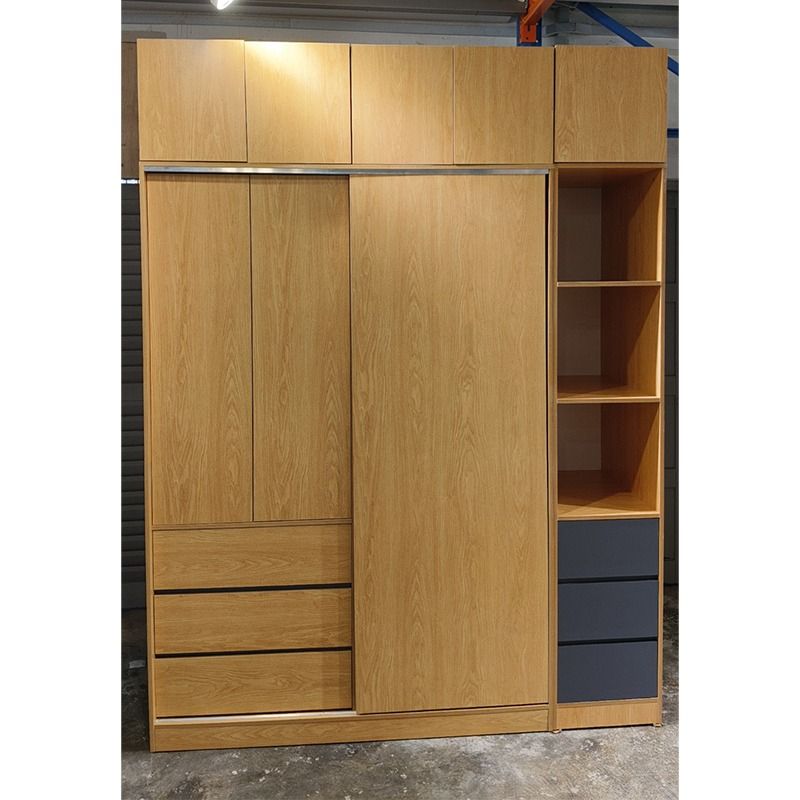 Wooden Wardrobe with Sliding Door and Side Shelves Large capacity ...