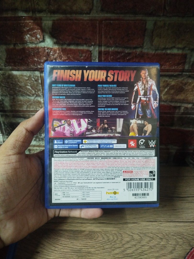 WWE 2K24 PS4 Game (Category: PlayStation) located in Binan City. Submitted by pumpkiiin02 (Listing ID 1469843355, Image 2). Description: - Game: WWE 2K24 - Platform: PlayStation 4 (PS4) - Condition: Physical disc with original case included - Region: Region-free (works on any local PS4) - Features: Solo and multiplayer modes, featuring cover star Cody Rhodes - Status: Tested and ready to play.
