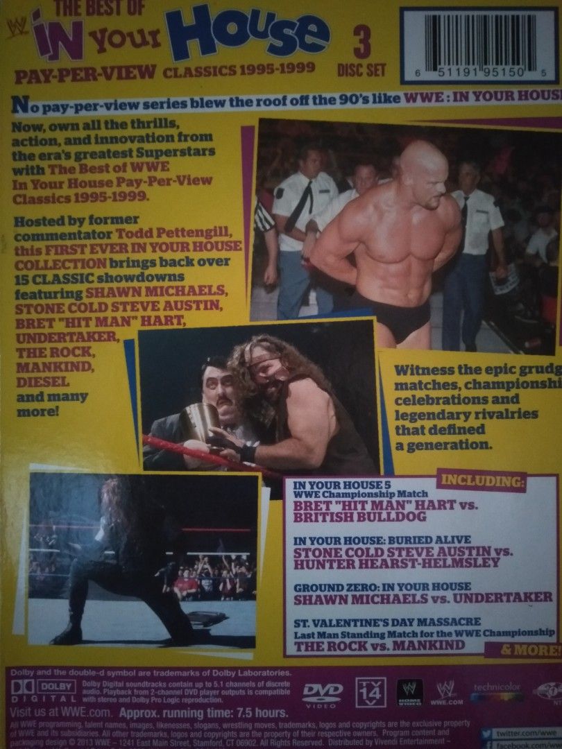 WWE DVD Box Sets (Category: CDs & DVDs) located in Cavite. Submitted by emilgarcia09 (Listing ID 1469911370, Image 2). Description: Bundle of three WWE DVD sets covering wrestling history. Includes The Best of In Your House Pay-Per-View Classics 1995-1999, Triple H Thy Kingdom Come, and The History of WWE 50 Years of Sports Entertainment. Each release contains 3 discs featuring classic matches, legendary rivalries, and superstar profiles from the