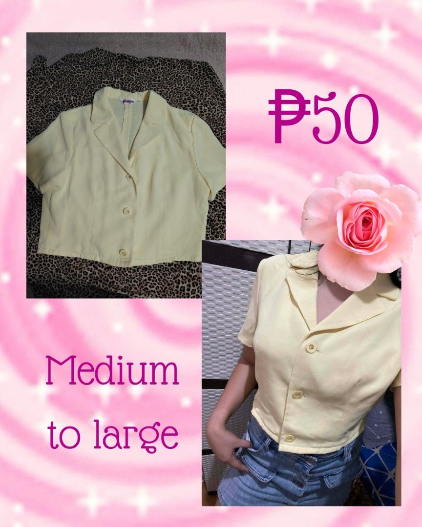 Yellow Crop Blouse Top Short Sleeve Button Down (Category: Blouses) located in Antipolo. Submitted by chachi_chace (Listing ID 1469823889, Image 1). Description: - Color: Sunny Yellow - Style: Cropped blouse with lapel collar and short sleeves - Closure: Button-down front (3 buttons) - Fit: Best fits Medium to Large frames - Fabric: Lightweight and breathable - Condition: Clean and ready to wear - Perfect for pairing with high-waisted jeans or sk