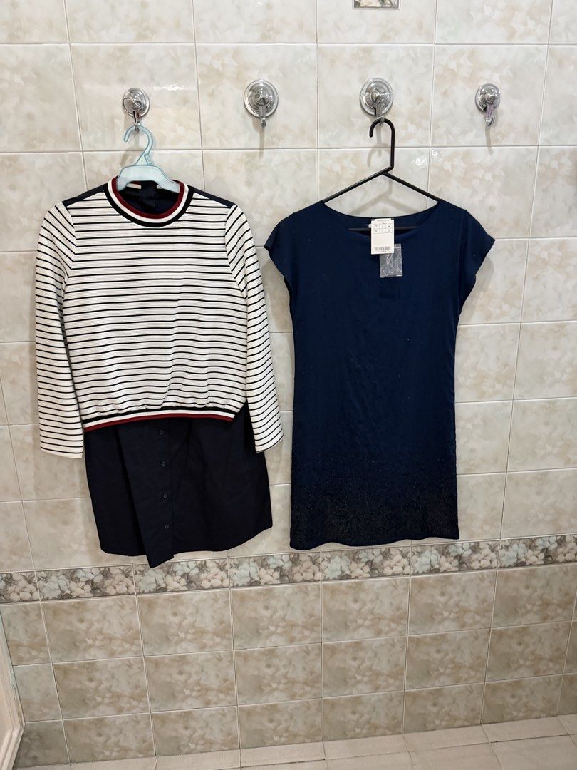 Zara and Promod Dresses Bundle (Category: Dresses) located in Manila. Submitted by jcmph (Listing ID 1469777956, Image 1). Description: Two dresses included in this bundle. First one is a Zara Basic combo dress with a striped knit top section and dark navy skirt bottom, size XS. Second one is a Promod navy blue dress with subtle pattern details, cap sleeves, size 34 / UK 6, brand new with tags still attached. Both pieces ready for a new home. Bot