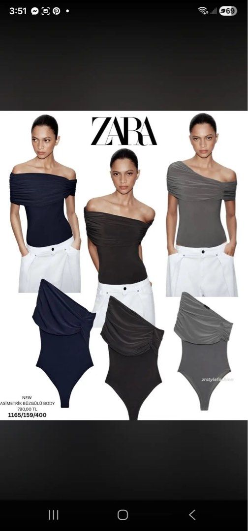 Zara Asymmetric Gathered Bodysuit Grey (Category: Sleeveless) located in Bauan. Submitted by overDrainbow (Listing ID 1469834068, Image 1). Description: - Brand: Zara - Color: Grey Brand New with Tag Size Large on tag Waist27-30 inch - Style: Asymmetric one-shoulder with draped gathered fabric .