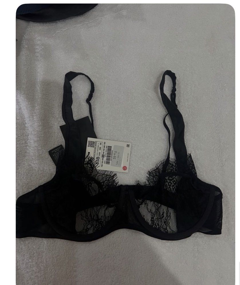 Zara Black See-Through Lace Bra Size 85B (Category: Undergarments & Loungewear) located in Manila. Submitted by viadinamama143 (Listing ID 1469813730, Image 1). Description: - Brand: Zara - Type: Black lace bra with sheer mesh panels - Support: Underwire with adjustable straps - Condition: Brand new with original store tag - Size: 85B.