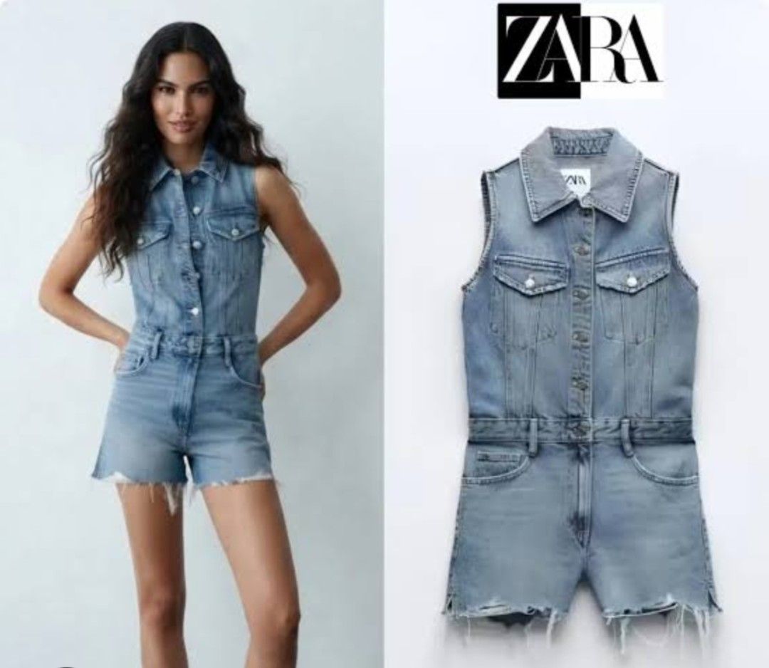 ZARA Denim Jumpsuit Romper Sleeveless (Category: Rompers) located in Santa Rosa. Submitted by jaynelacanaria (Listing ID 1469771095, Image 1). Description: - Brand: ZARA - Item: Denim Romper / Jumpsuit - Size: L - Color: Medium Wash Blue - Material: 100% Cotton Denim - Condition: Brand new with tags (Original price: ¥8,590) - Details: Sleeveless, collared, button-front closure, chest pockets, fitted waist - Made in: Bangladesh.