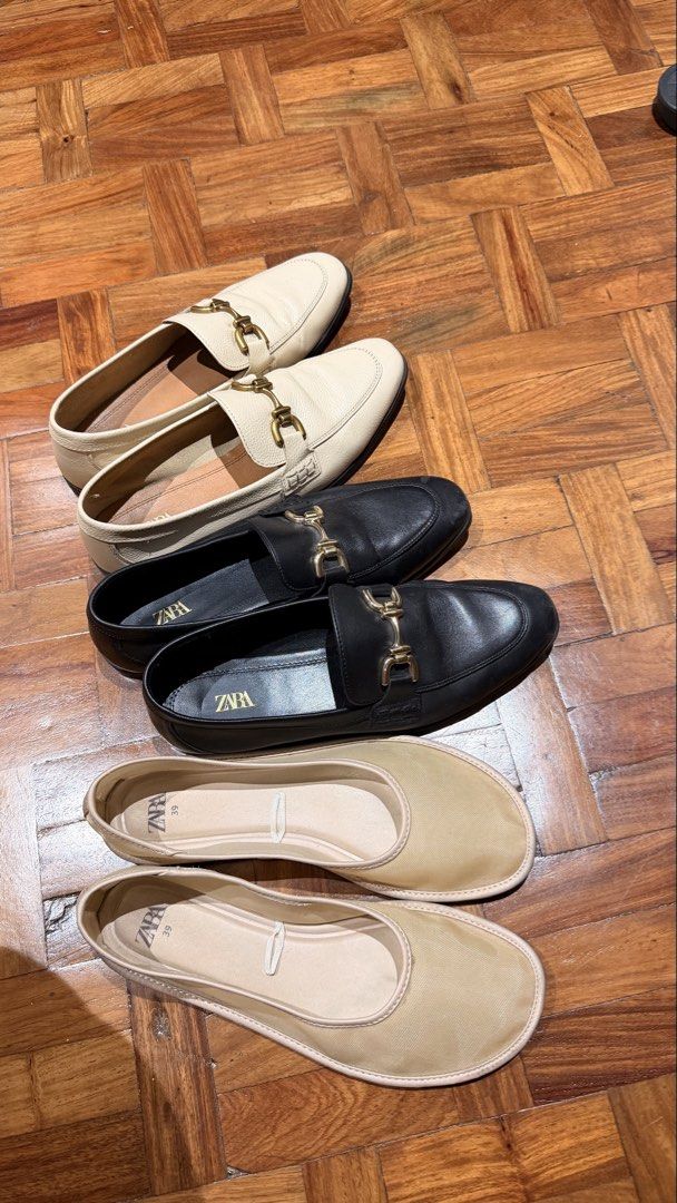 Zara Loafers and Ballet Flats Bundle Size 39 (Category: Flats & Sandals) located in Paranaque City. Submitted by nglcwng (Listing ID 1469856853, Image 2). Description: - Brand: Zara - Size: EU 39 - Items included: Cream leather loafers (gold hardware), black leather loafers (gold hardware), and beige mesh ballet flats 500 each or 1200 for all.