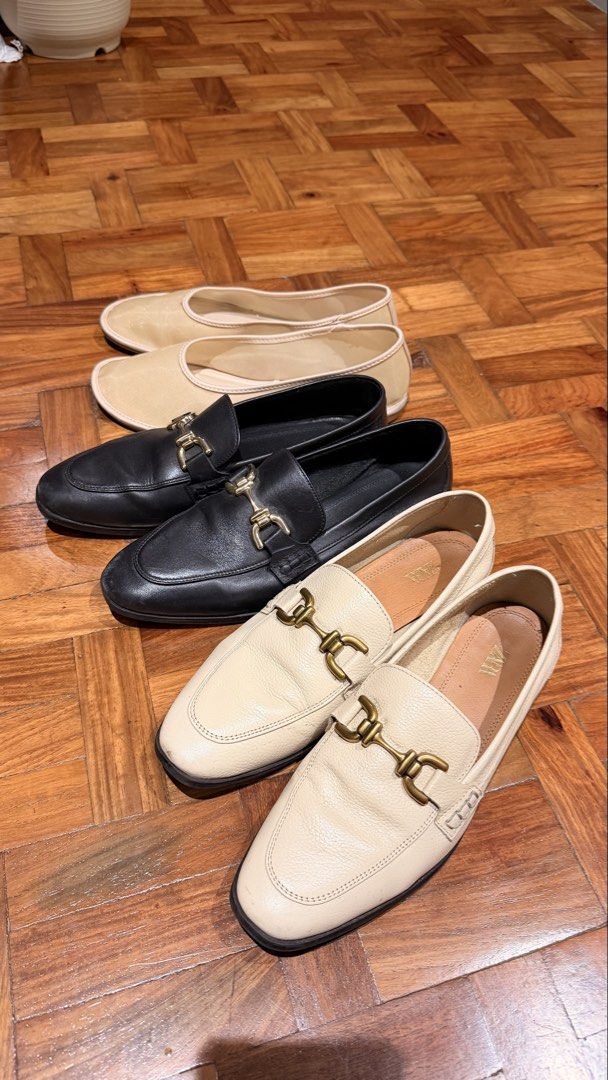 Zara Loafers and Ballet Flats Bundle Size 39 (Category: Flats & Sandals) located in Paranaque City. Submitted by nglcwng (Listing ID 1469856853, Image 1). Description: - Brand: Zara - Size: EU 39 - Items included: Cream leather loafers (gold hardware), black leather loafers (gold hardware), and beige mesh ballet flats 500 each or 1200 for all.