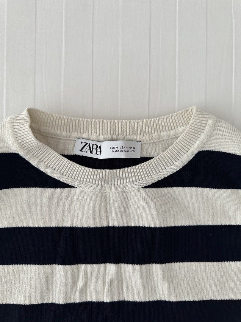 Zara Striped Knit Tank Top Medium (Category: Sleeveless) located in Manila. Submitted by denise805 (Listing ID 1469886340, Image 3). Description: - Brand: Zara - Style: Black and white striped knit tank top, crew neck, sleeveless, cropped length - Details: Ribbed trim at collar and armholes, soft knit fabric - Size: Medium (M) - Origin: Made in Bangladesh - Condition: Excellent, ready to wear.
