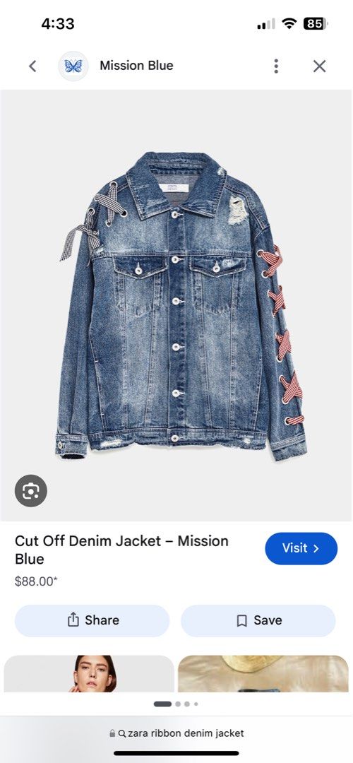 Zara Z1975 Denim Jacket with Ribbons Size M (Category: Coats, Jackets and Outerwear) located in Bulacan. Submitted by k.a_styleph (Listing ID 1469839430, Image 2). Description: - Brand: Zara (Z1975 collection) - Size: Medium - Wash: Mission Blue with distressed details - Design details: Black-and-white gingham ribbons laced across back yoke and shoulders; red-and-white gingham ribbons laced down sleeves - Hardware: Button-up front with metal butt