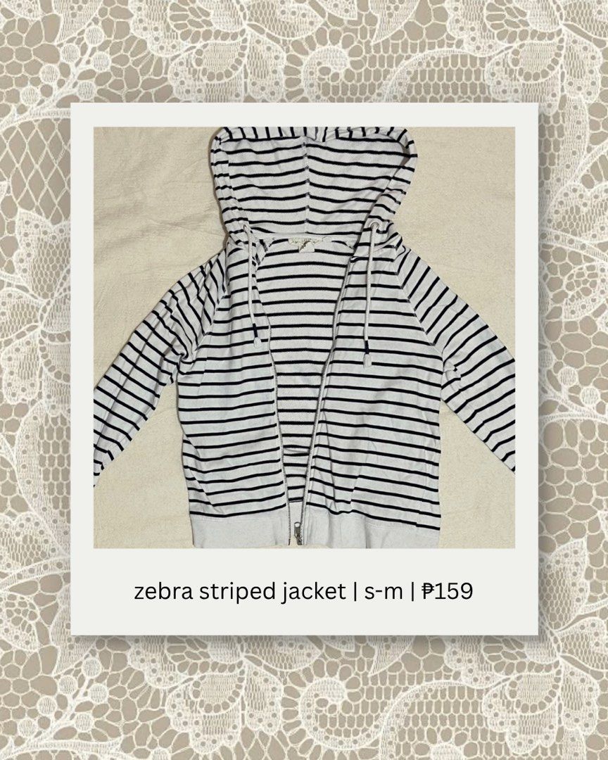 zebra striped jacket | s-m | ₱159 (Category: Coats, Jackets and Outerwear) located in Manila. Submitted by yours_eventually (Listing ID 1469907610, Image 1). Description: - Style: Black and white striped zip-up hoodie - Details: Drawstring hood with ribbed cuffs and hem - Material: Light fabric, perfect for easy everyday layering - Fit: Fits small to medium.