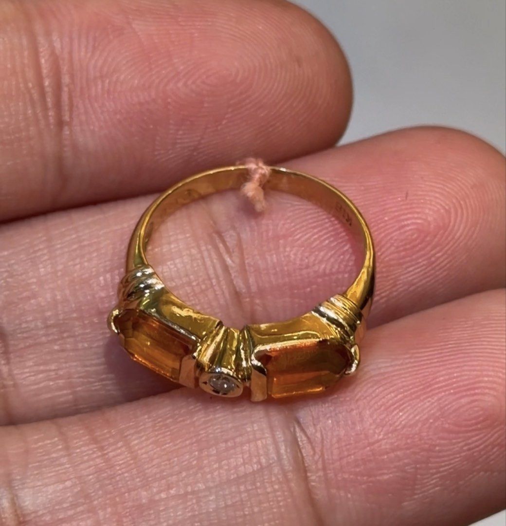 18K Yellow Gold Citrine and Diamond Ring (Category: Rings) located in Las Pinas. Submitted by houseofgems0 (Listing ID 1470090469, Image 2). Description: 18K Yellow Gold Citrine and Diamond Ring Details: - 18K Yellow Gold | 2.8 grams - Size: 5 - 1 round brilliant-cut natural diamond - 2 fancy-cut natural citrine - Total Carat Weight (dia): .03ct stamped - Total Carat Weight (citrine): .40ct - PRICE: ₱22,000 💎 All items are 100% AUTHENTIC/PAWNABL