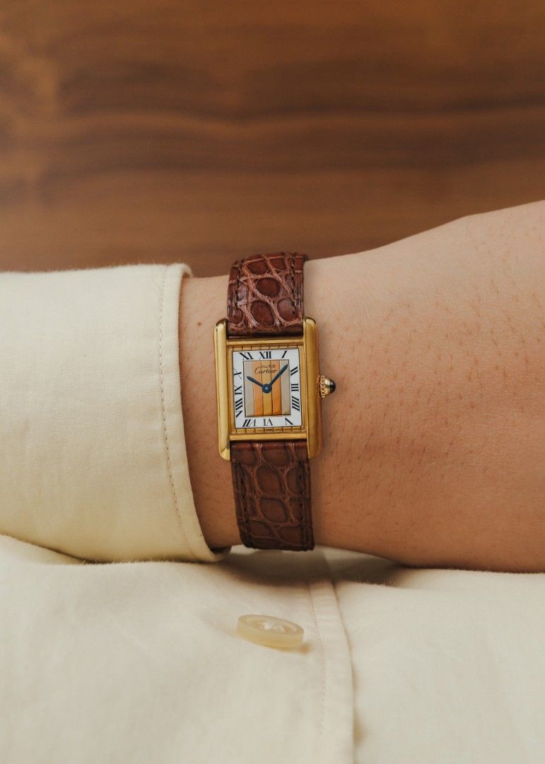 1990s Must de Cartier Tank "Trinity Dial" (Category: Women's Watches) located in Manila. Submitted by windsorfinery (Listing ID 1470088876, Image 2). Description: Must de Cartier Tank 557051 1990s Quartz 21mm Vermeil (925 sterling silver wrapped in gold plating) Mineral Aftermarket strap with Cartier buckle Box: No Papers: No Others: Leather pouch. 1-Year Mechanical Warranty by Windsor Finery Co. Cash Price: ₱128,000 ✔️ Layaway accepted ✔️ Credit