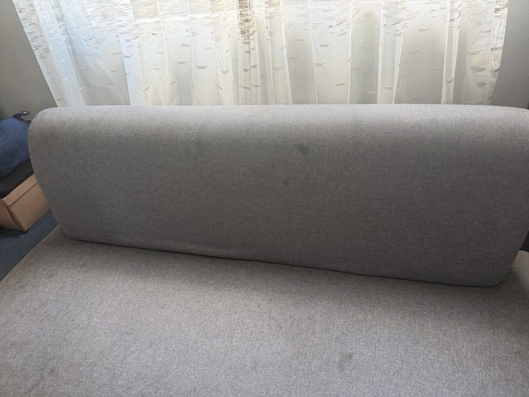 2 seater sofa (Category: Sofas) located in Pasig City. Submitted by francisco201 (Listing ID 1470000341, Image 1). Description: Bought from All Home Foam is still firm but fabric cover need cleaning No tears just stains that can be removed by surface cleaning. Gray color Fabric cover.