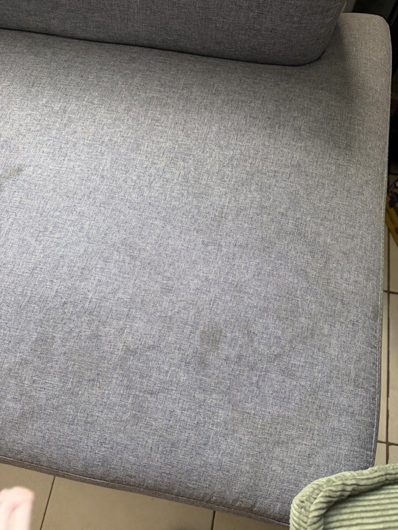 2 seater sofa (Category: Sofas) located in Pasig City. Submitted by francisco201 (Listing ID 1470000341, Image 3). Description: Bought from All Home Foam is still firm but fabric cover need cleaning No tears just stains that can be removed by surface cleaning. Gray color Fabric cover.