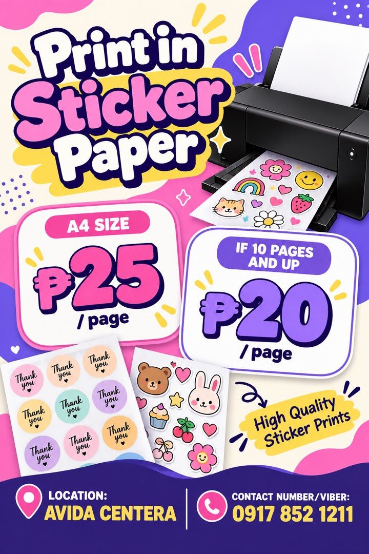 A4 Size Sticker Printing Service High Quality Prints (Category: Art & Prints) located in Quezon City. Submitted by turtleandfishes (Listing ID 1470057095, Image 1). Description: - High-quality custom A4 sticker printing - Perfect for labels, logos, and crafts - Standard price: PHP 25 per page - Bulk discount: PHP 20 per page (minimum 10 pages) - Location: Avida Centera.
