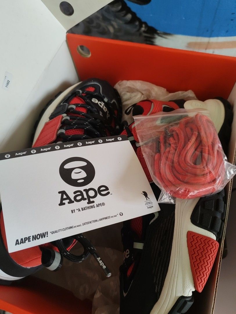 Aape By A Bathing Ape Sneakers Size 9 RDB (Category: Sneakers) located in Digos. Submitted by pagari-from-digos-to-uae (Listing ID 1469969864, Image 3). Description: - Brand: Aape - Model: Chunky Sneakers - Colorway: Black, Red, and White (Color: RDB) - Style Code: AAPSHM6540XXD - Size: US 9 / UK 8.5 / 270mm - Inclusions: Extra pair of red laces, original box, brand tag, and packaging - Condition: Brand new with complete inclusions.