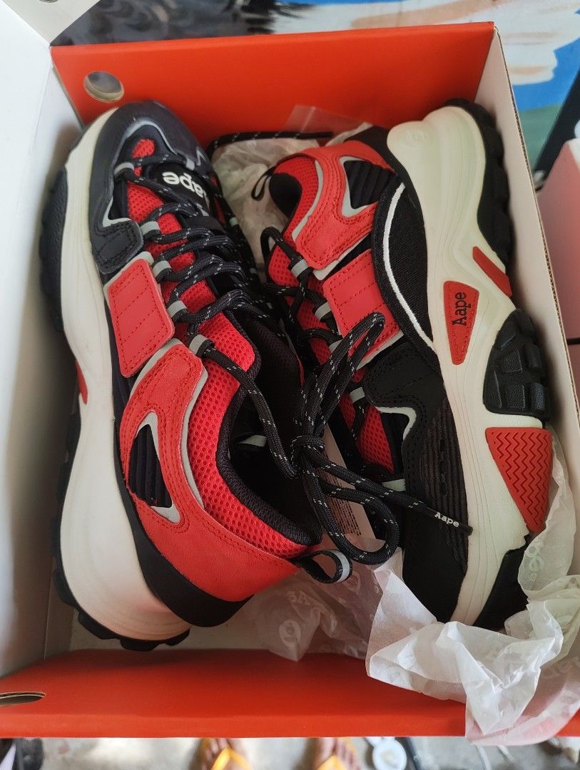 Aape By A Bathing Ape Sneakers Size 9 RDB (Category: Sneakers) located in Digos. Submitted by pagari-from-digos-to-uae (Listing ID 1469969864, Image 2). Description: - Brand: Aape - Model: Chunky Sneakers - Colorway: Black, Red, and White (Color: RDB) - Style Code: AAPSHM6540XXD - Size: US 9 / UK 8.5 / 270mm - Inclusions: Extra pair of red laces, original box, brand tag, and packaging - Condition: Brand new with complete inclusions.