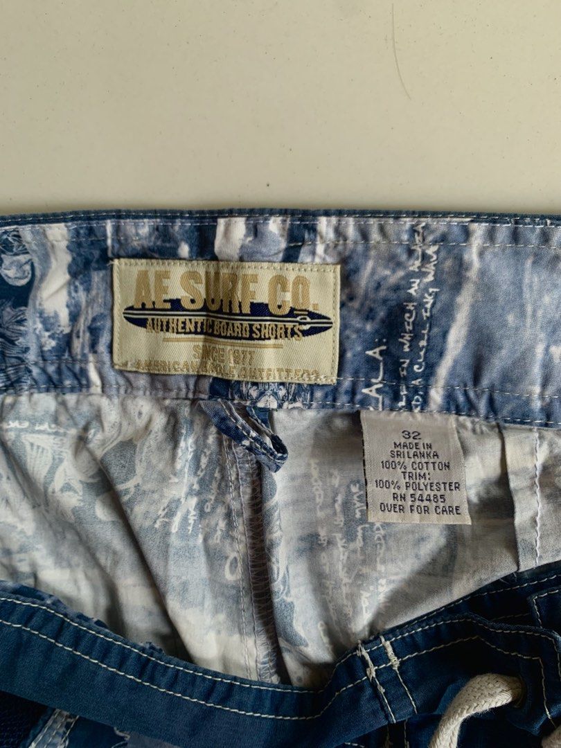 ABS Surf Co Board Shorts Blue White Graphic Print (Category: Swim Trunks & Board Shorts) located in Bacolod City. Submitted by jonathancanon_1o1 (Listing ID 1469965405, Image 3). Description: Dimes: W-32/33 L-21/22 Issue : Slight stain in knee area and distress in pocket hole..