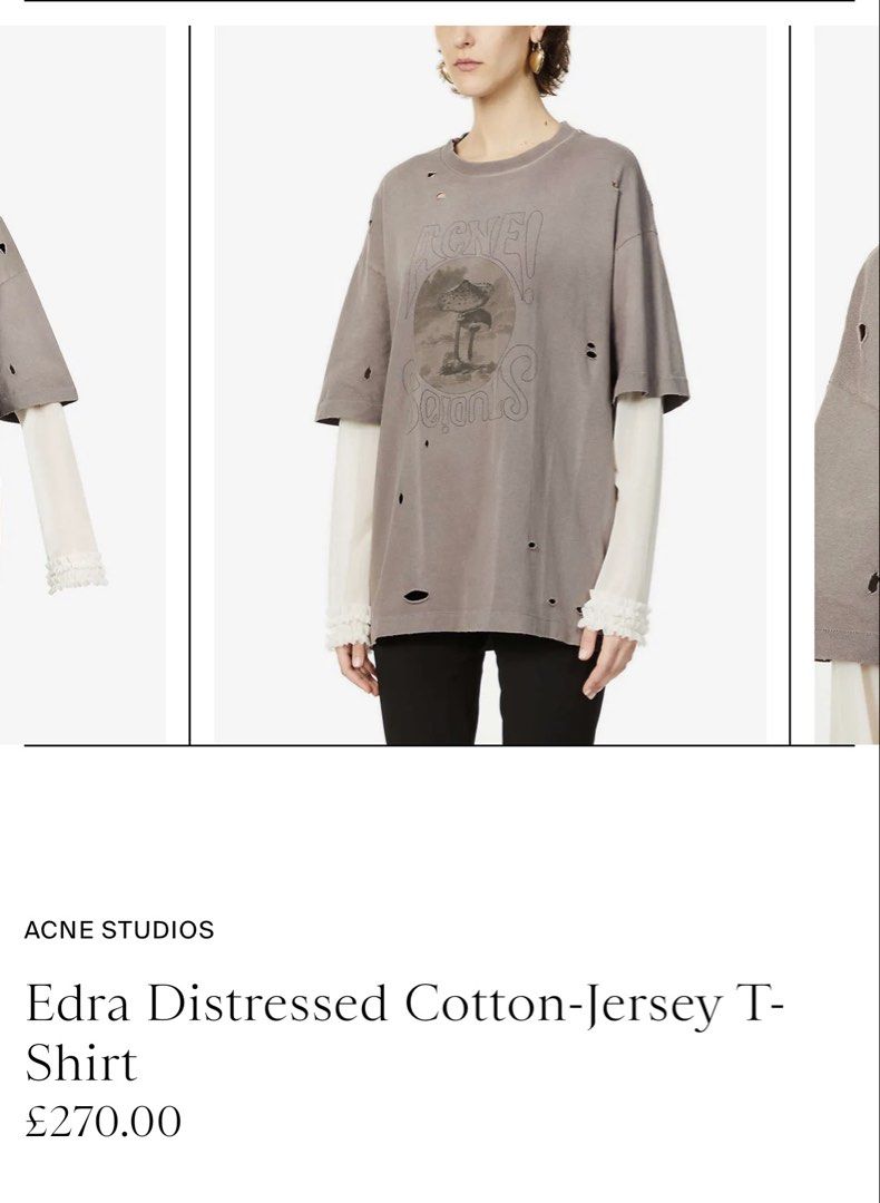 Acne Studios Edra Distressed T-Shirt (Category: Shirts) located in Quezon City. Submitted by dropdeadprices (Listing ID 1470042073, Image 3). Description: - Brand: Acne Studios (Edra model) - Color: Grey with attached white layered long sleeve - Details: Cool mushroom graphic with outlined lettering, intentional distressing, holes, and frayed edges - Fit: Oversized fit - Material: Comfortable cotton blend - Retail: Approx. £270 (₱20,000+) - Condi