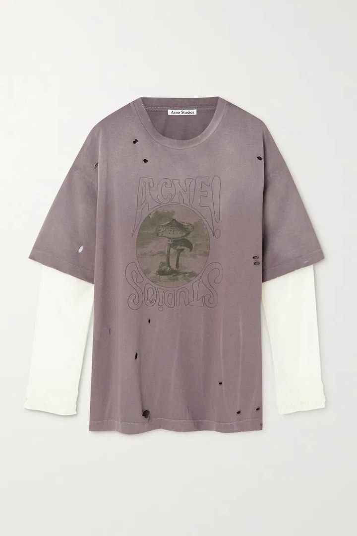 Acne Studios Edra Distressed T-Shirt (Category: Shirts) located in Quezon City. Submitted by dropdeadprices (Listing ID 1470042073, Image 1). Description: - Brand: Acne Studios (Edra model) - Color: Grey with attached white layered long sleeve - Details: Cool mushroom graphic with outlined lettering, intentional distressing, holes, and frayed edges - Fit: Oversized fit - Material: Comfortable cotton blend - Retail: Approx. £270 (₱20,000+) - Condi