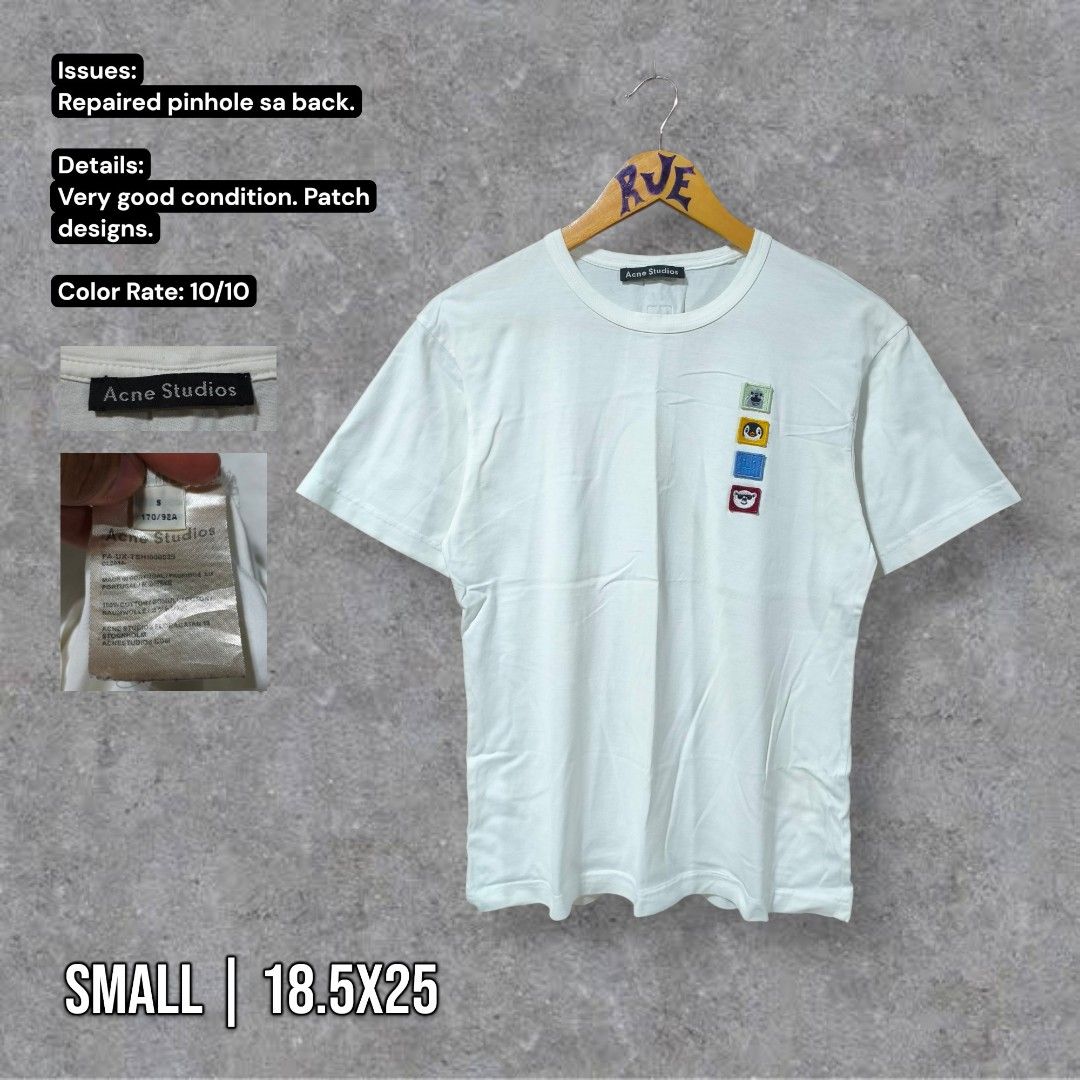 Acne Studios Patch Design White T-shirt Small (Category: Tshirts & Polo Shirts ) located in Bayambang. Submitted by rajuergui76226 (Listing ID 1470008388, Image 1). Description: - Brand: Acne Studios - Color: Solid White (10/10 condition) - Size: Small (18.5" width x 25" length) - Material: 100% Cotton, Made in Portugal - Design: Classic crewneck with unique embroidered animal patches - Flaws: Has a repaired pinhole on the back, otherwise in very