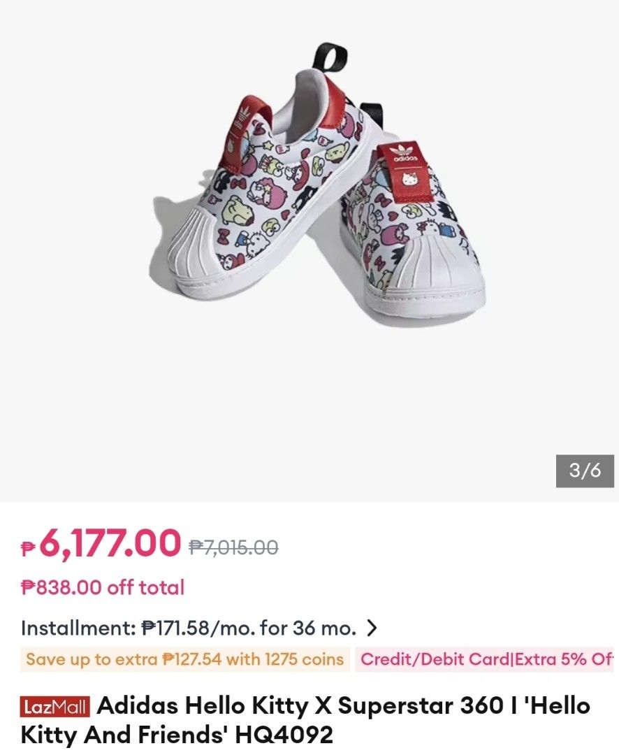 Adidas Hello Kitty X Superstar 360 (Category: Sneakers) located in Manila. Submitted by jilliese (Listing ID 1469965261, Image 2). Description: Branded Preloved Like new Size : 24 17cm- insole 19cm-outsole No box natapon ko na po Pickup//deliver Loc: Baesa Caloocan - Brand: Adidas Superstar 360 x Kitty and Friends - Style: Slip-on kids shoes with iconic shell toe design - Color: White with playful red accents - Size: 24 - Condition: Worn a few ti