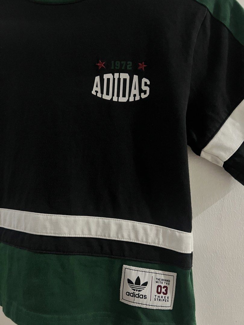 Adidas short-sleeve crop top panel tee (Category: Shirts) located in Muntinlupa City. Submitted by thriftdripbyjm (Listing ID 1469950016, Image 3). Description: Color rate: 10/10 as new Dimes:15x18.5 (S-M fit) Sleeve: 7 Issue: none Price: 950+sf .