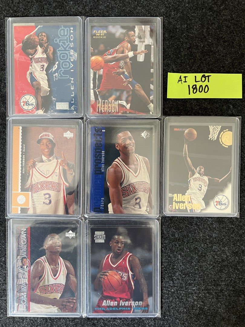 Allen Iverson (Category: Raw Singles) located in Mandaluyong City. Submitted by maropa (Listing ID 1469963040, Image 1). Description: - Lot of 7 Allen Iverson basketball cards featuring Philadelphia 76ers uniforms - Includes highly sought-after rookie cards from Fleer, Upper Deck, SP, and Stadium Club - All cards are securely stored in hard plastic top loaders - message for additional photos - Perfect starter set for basketball fans and 90s sport